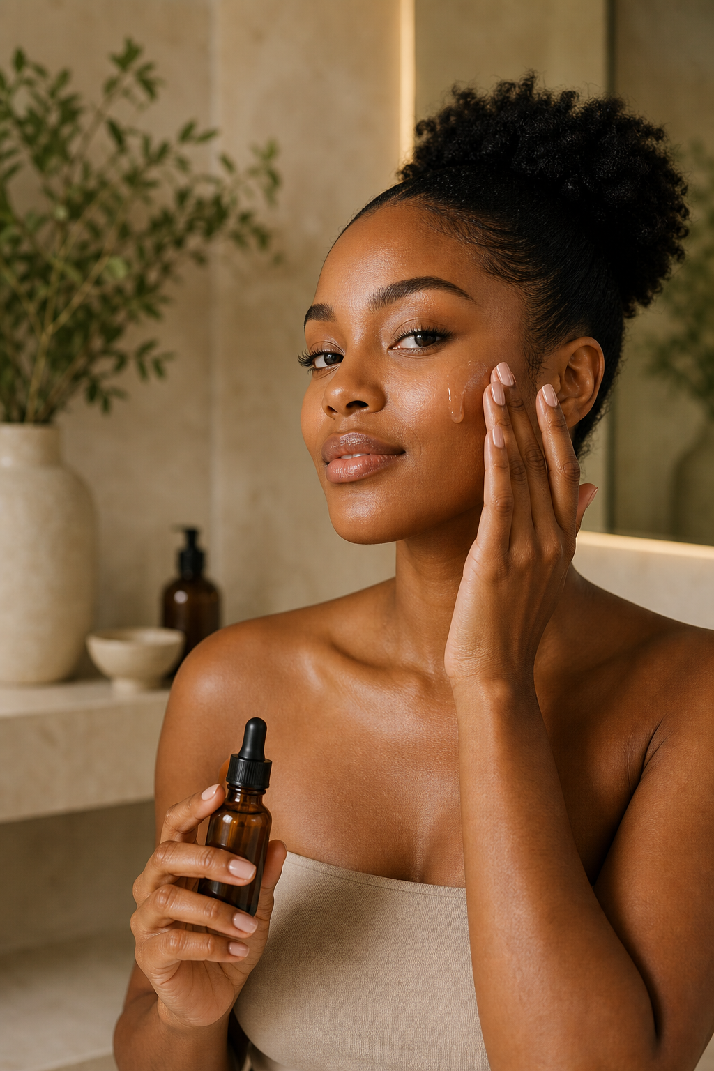 Black woman applying facial serum
