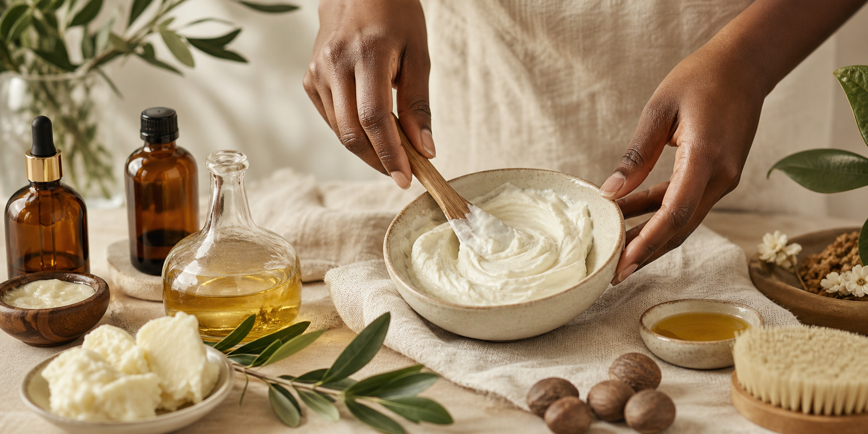Hands mixing handmade skincare cream