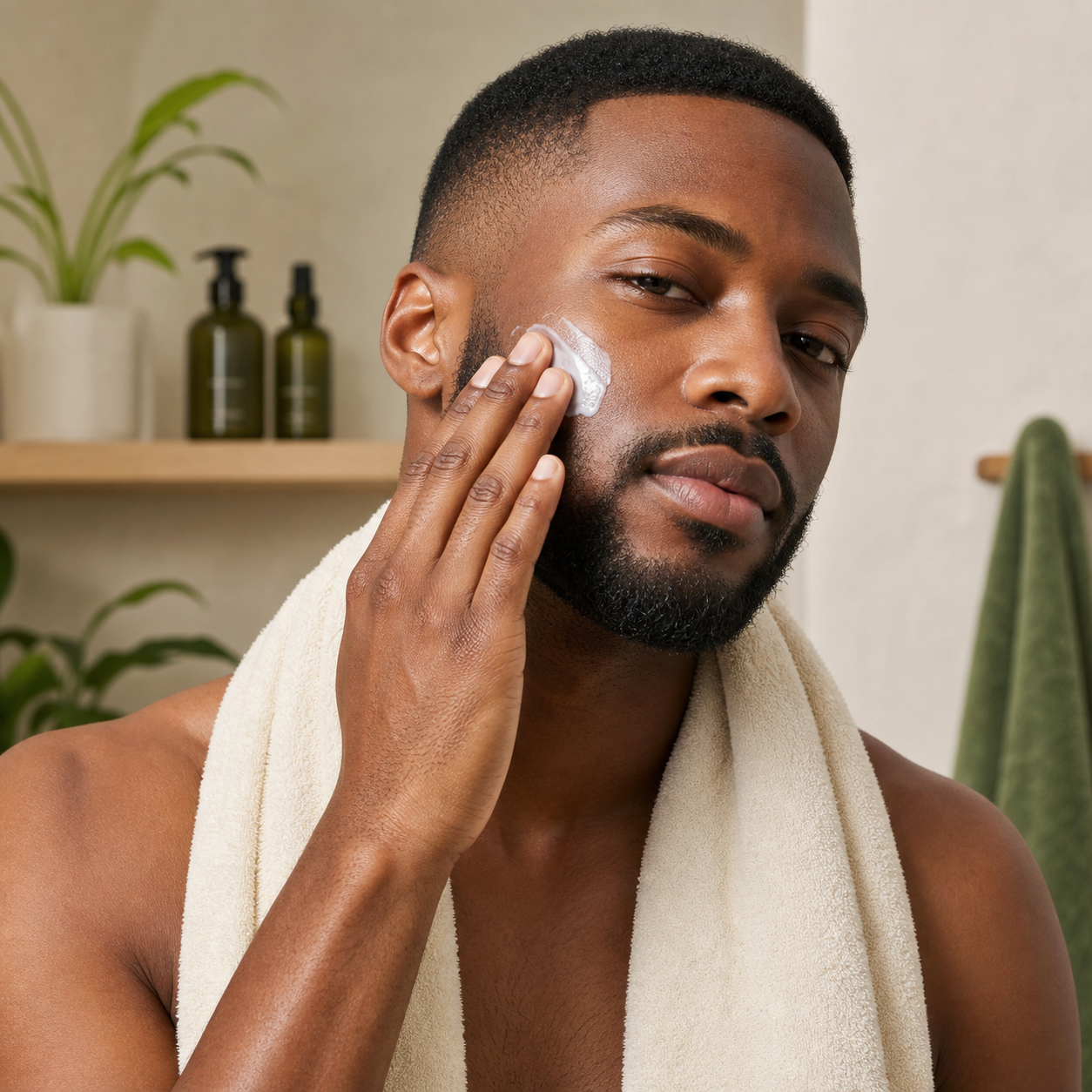 Black man applying moisturizer
