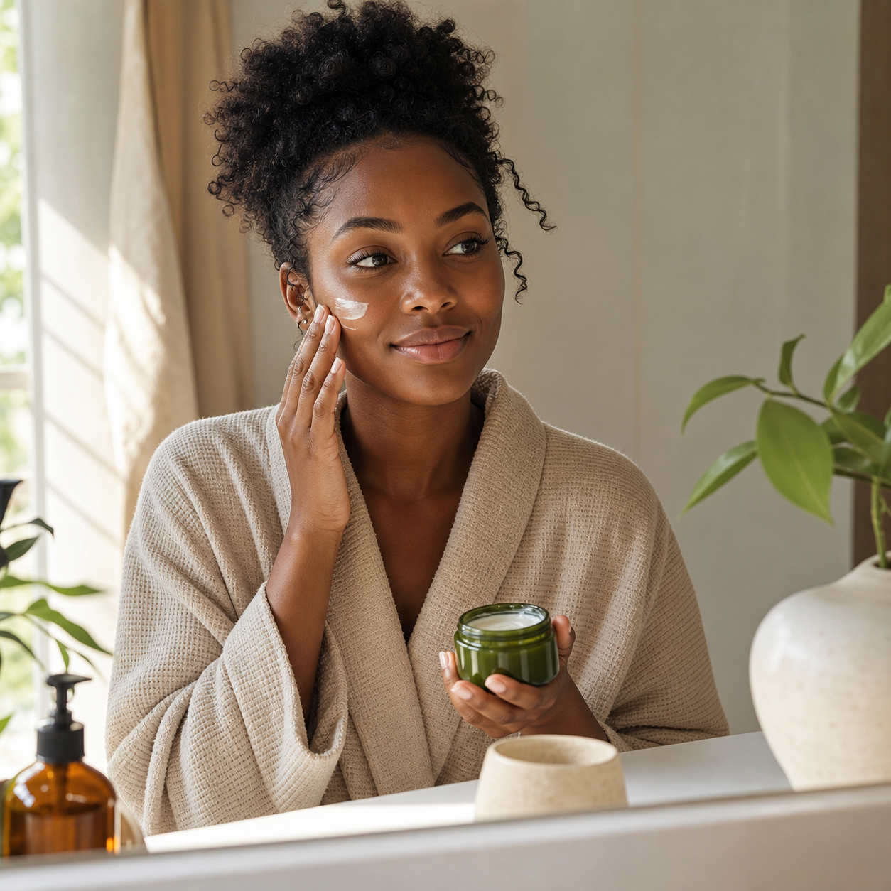 Black woman applying moisturizer